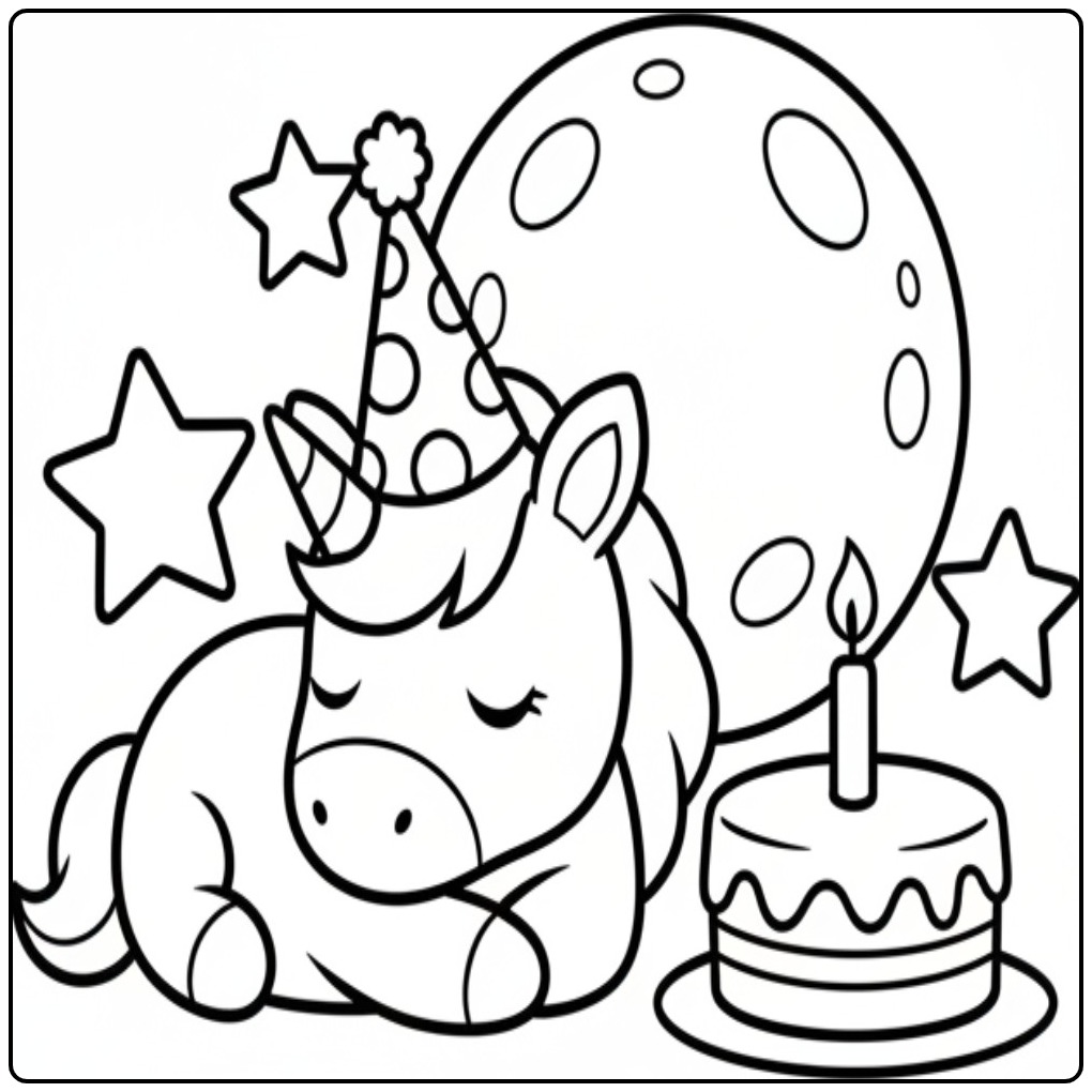 Een schattige verjaardag taart kleurplaat eenhoorn met feestmuts en sterren.
