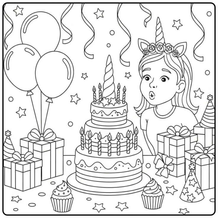 Meisje viert feestje met een grote unicorn hoorn kleurplaat.