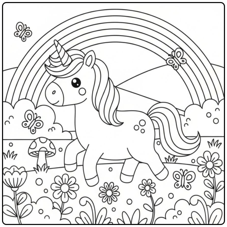 Magische kleurplaat unicorn regenboog: eenhoorn in bloemenweide.