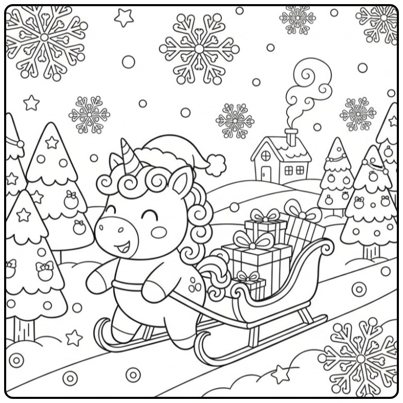 Leuke Kleurplaat baby unicorn Kerstmis die een slee trekt.