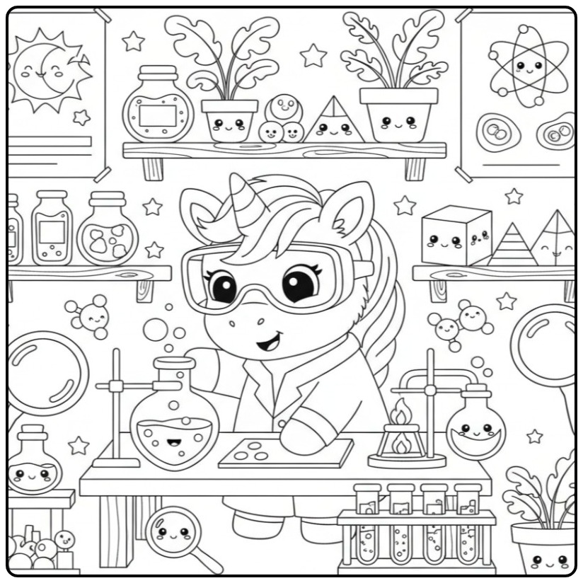 Leuke Kleurplaat baby unicorn op school in het scheikundelab.