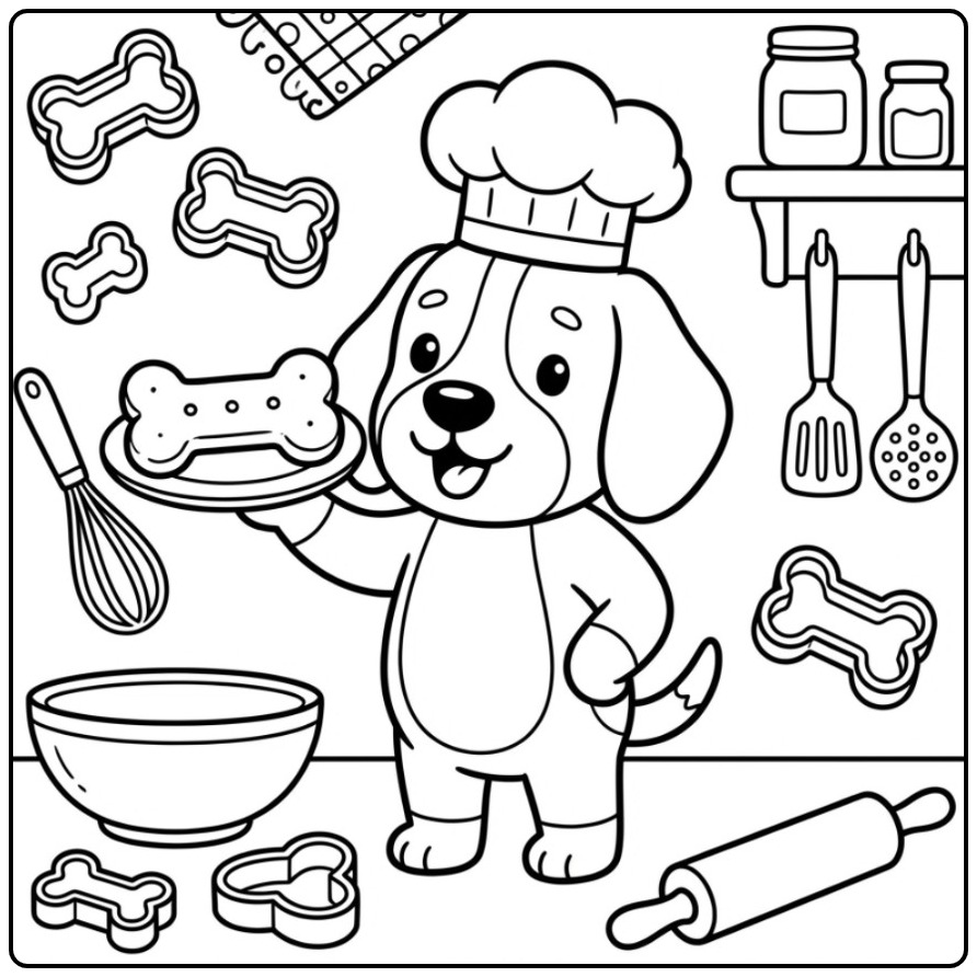 Een vrolijke kleurplaat beagle als bakker met hondenkoekjes.