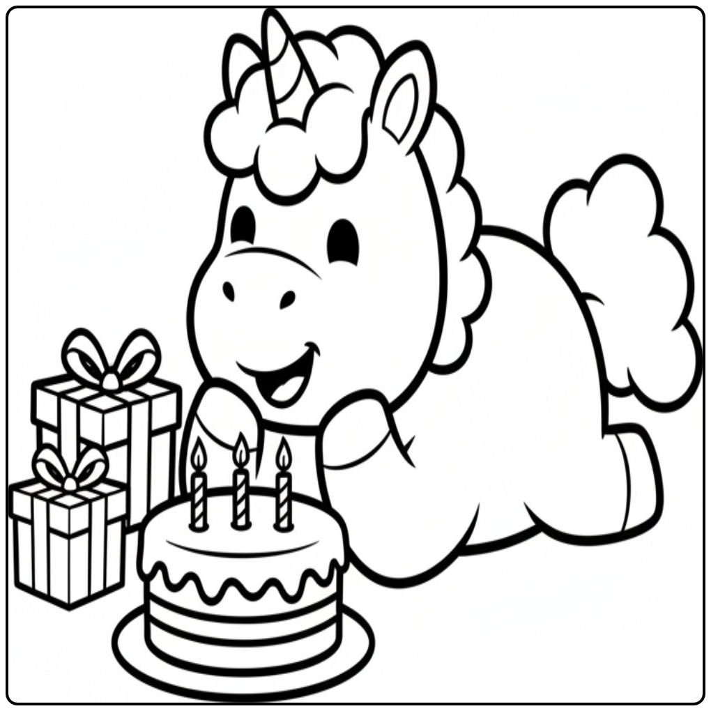 Een blije verjaardag taart kleurplaat eenhoorn met cadeaus.