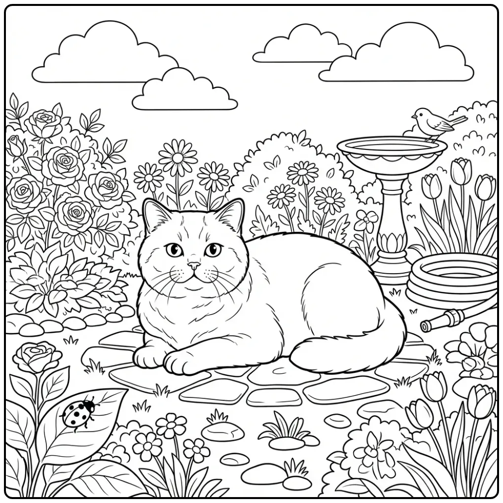 Schattige kleurplaat britse korthaar in de bloementuin.