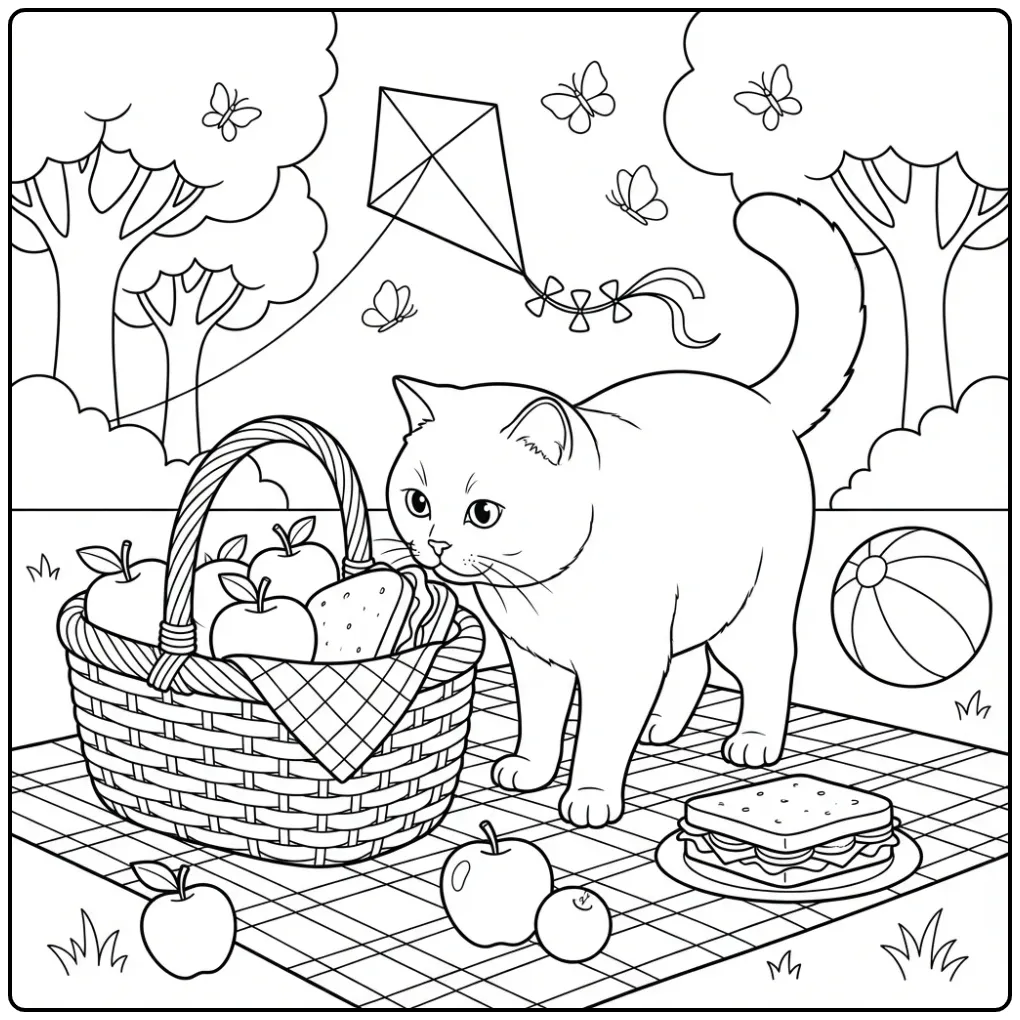 Een schattige kleurplaat britse korthaar in het park.