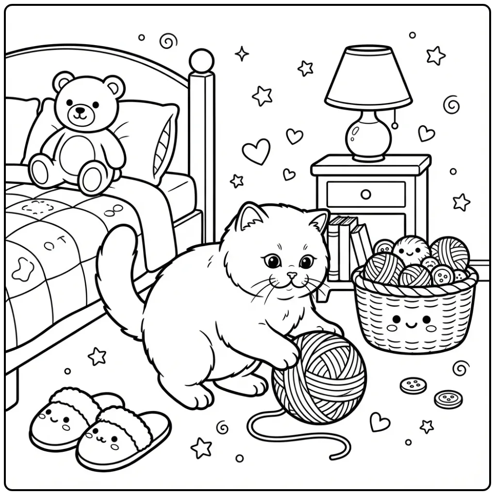 Een leuke kleurplaat britse korthaar met bolletje wol.