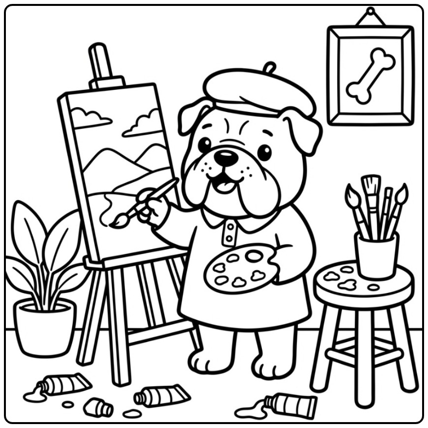 Artistieke kleurplaat bulldog met een schildersezel en verf.