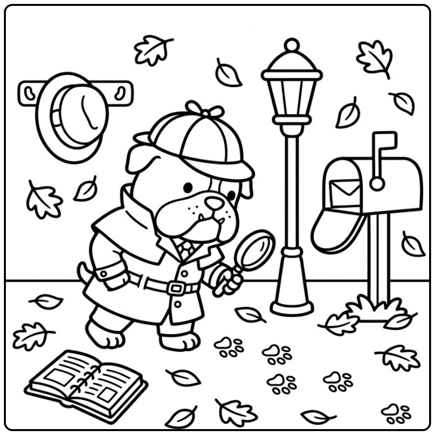 Een schattige kleurplaat bulldog als detective in de herfst.