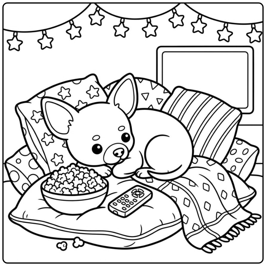 Gezellige kleurplaat chihuahua op kussens met een bak popcorn.