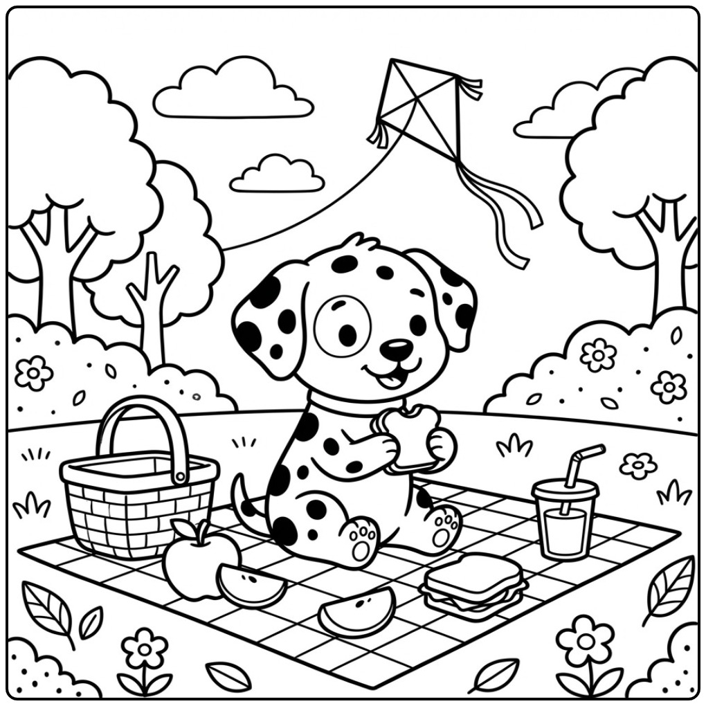 Leuke kleurplaat dalmatier puppy die picknickt in het park.