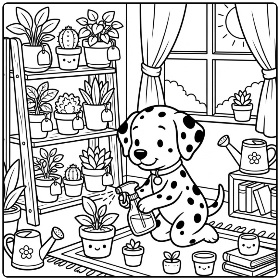 Schattige kleurplaat dalmatier die planten water geeft.