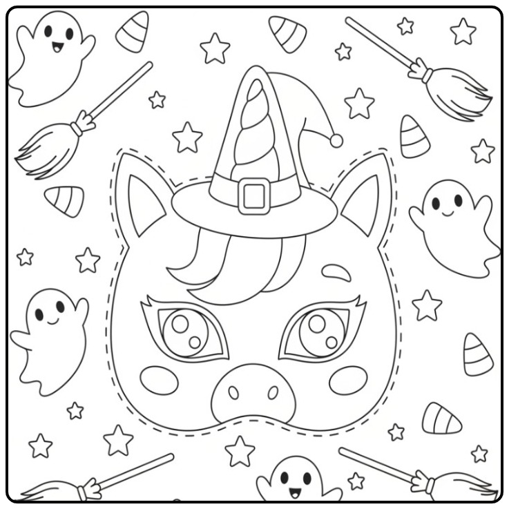 Kleurplaat eenhoorn halloween masker, om uit te knippen en te kleuren.