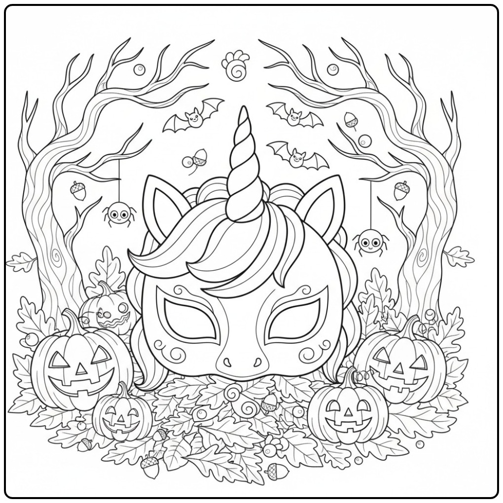 Kleurplaat eenhoorn halloween masker met pompoenen en vleermuizen