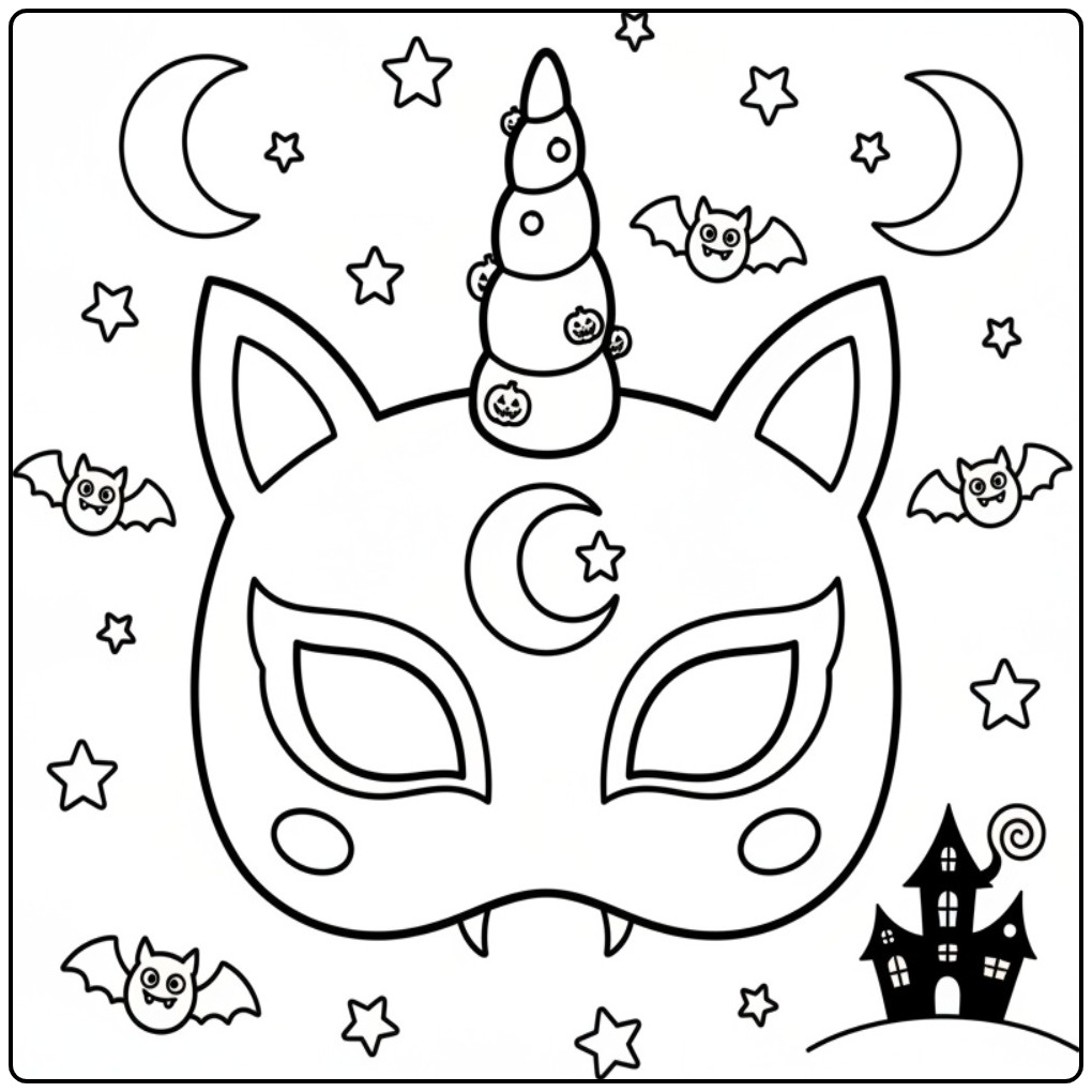Kleurplaat eenhoorn halloween masker met vleermuizen, sterren en manen.