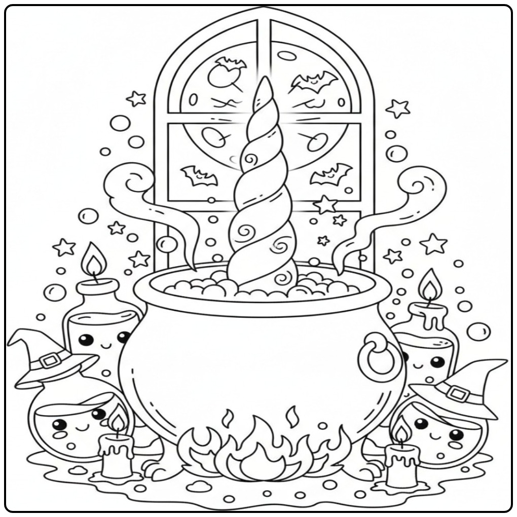 Kawaii Kleurplaat eenhoorn hoorn halloween in een toverketel.