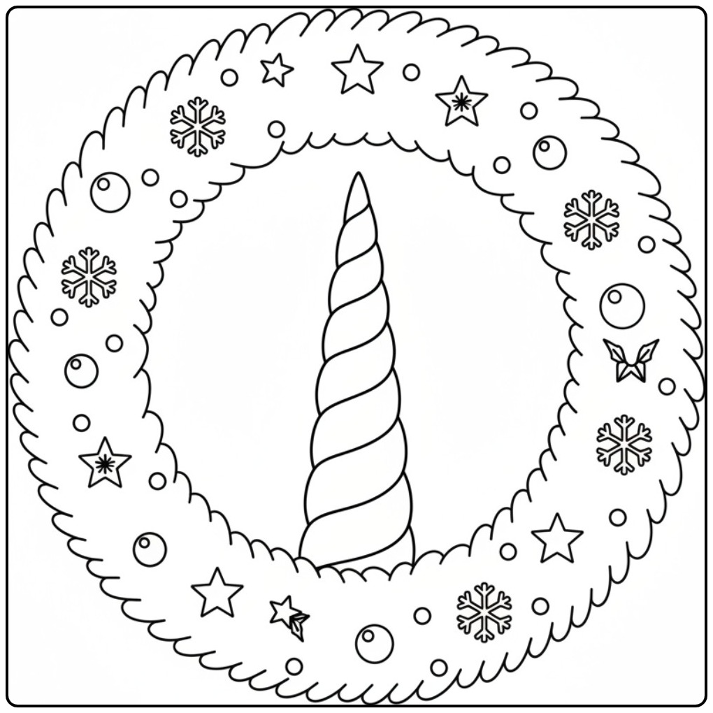 Magische Kleurplaat eenhoorn hoorn kerst in een feestkrans.