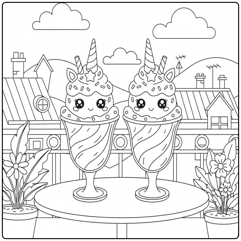 Kleurplaat eenhoorn-ijscoupe in een glazen beker, schattige kawaii stijl