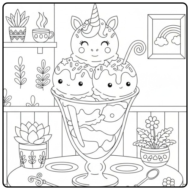 Kleurplaat eenhoorn-ijscoupe in een glazen beker met vrolijke bollen ijs.