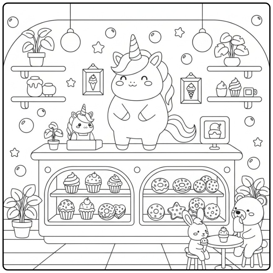 Kleurplaat eenhoorn-ijssalon: een vrolijke scène in een bakkerij.