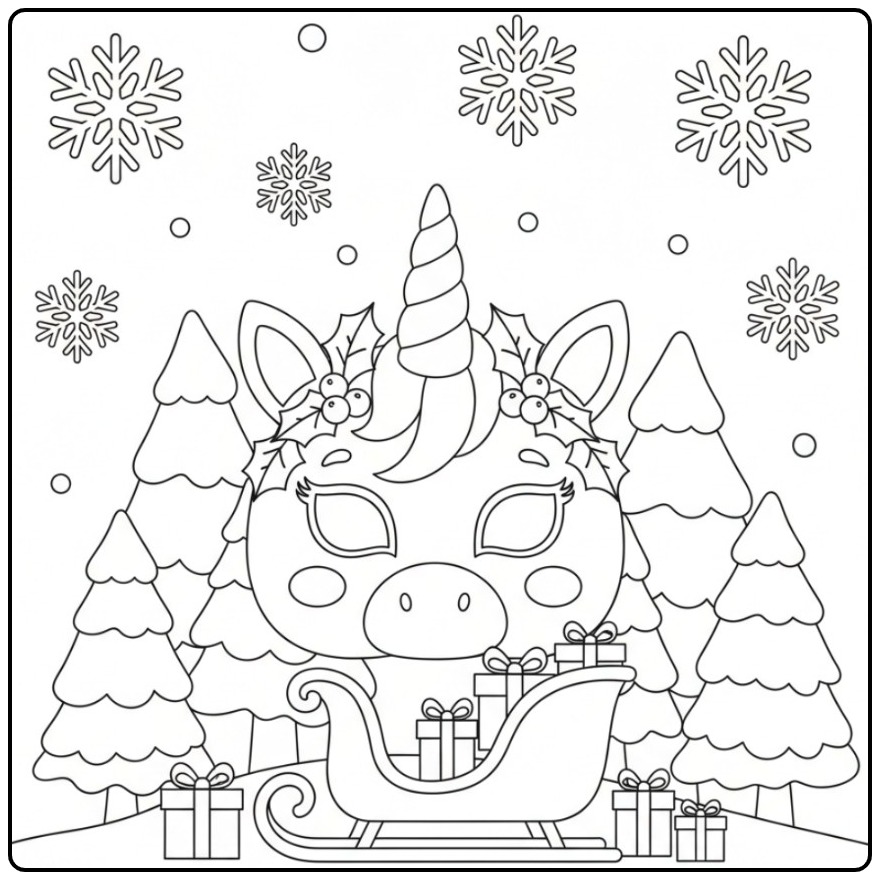 Kleurplaat eenhoorn kerst masker met slee en cadeaus, vol plezier.
