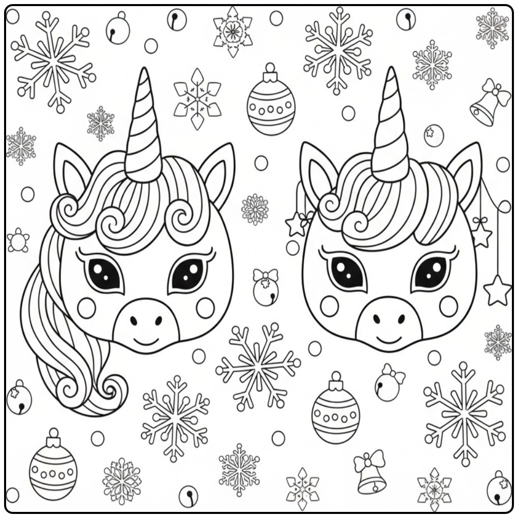 Kleurplaat eenhoorn kerst masker, met twee lieve kerst eenhoorns.