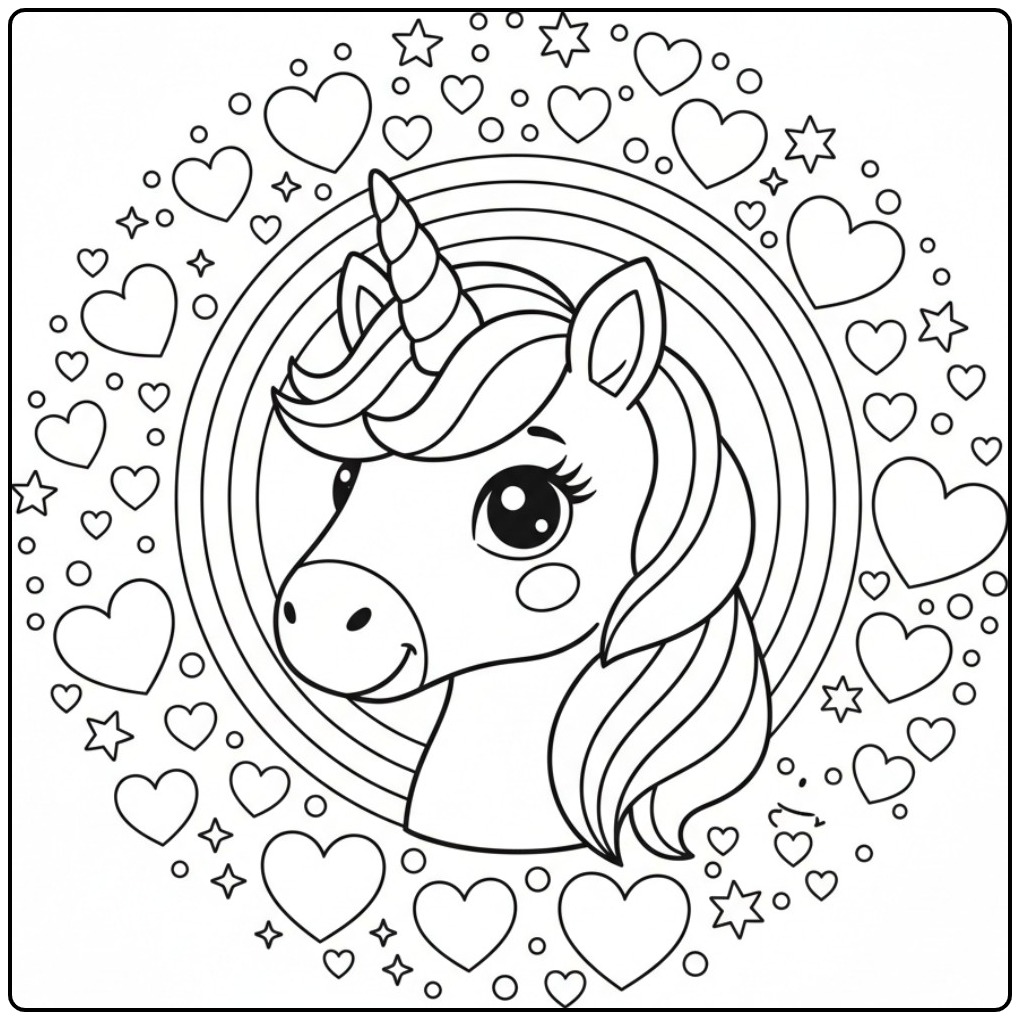 Kleurplaat eenhoorn met hartjes en regenboog voor eindeloos kleurplezier.