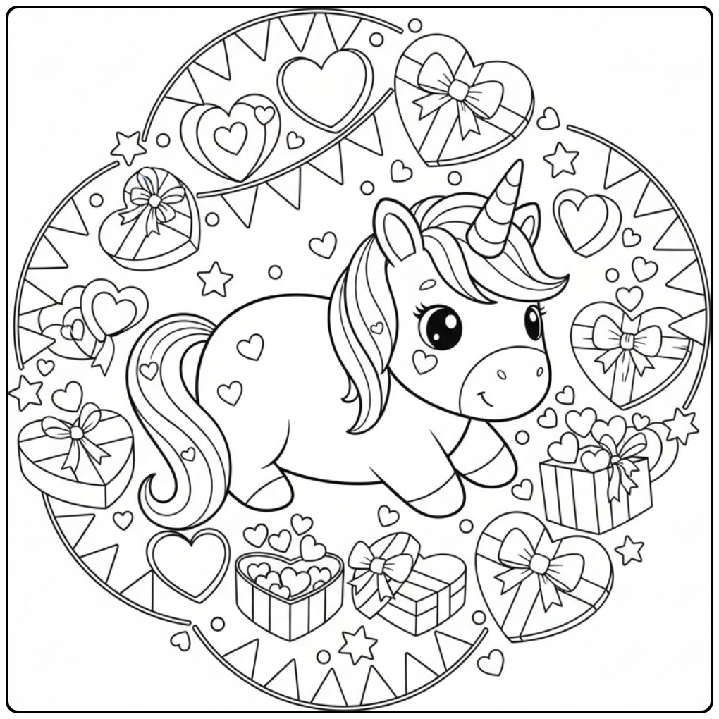 Kleurplaat eenhoorn met hartjes voor een verjaardag, lief en feestelijk.