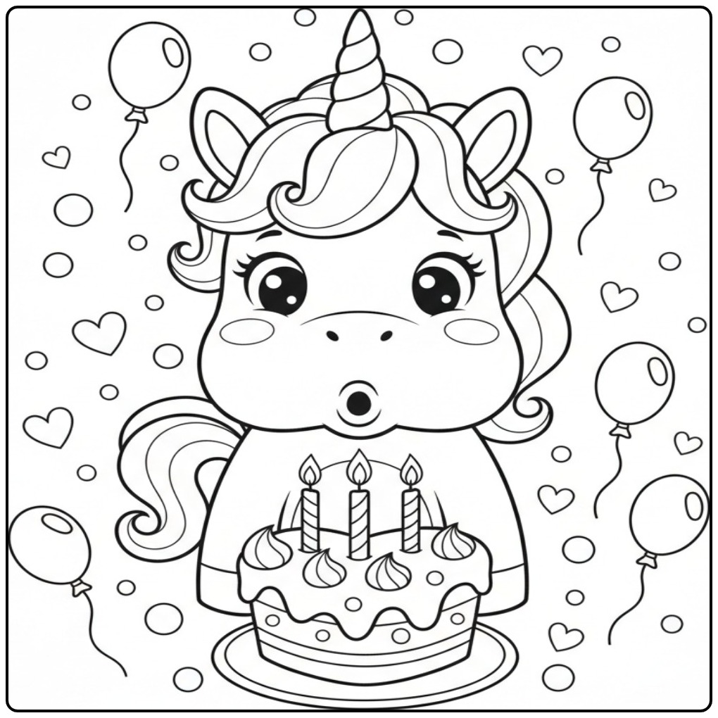 Kleurplaat eenhoorn met hartjes voor een verjaardag, blaast kaarsjes uit.