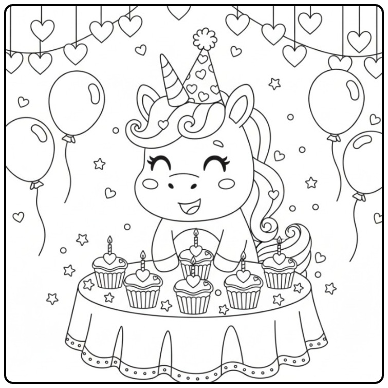 Kleurplaat eenhoorn met hartjes voor een verjaardag, viert feest met cupcakes.