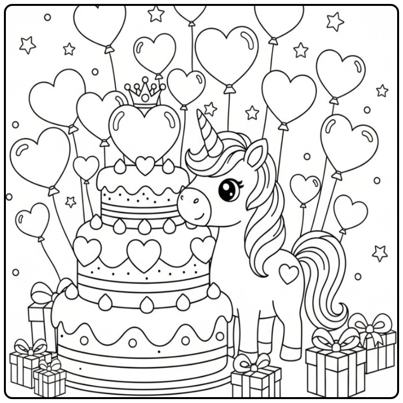 Eenhoorn kleurplaat met hartjes voor een verjaardag, en ballonnen.