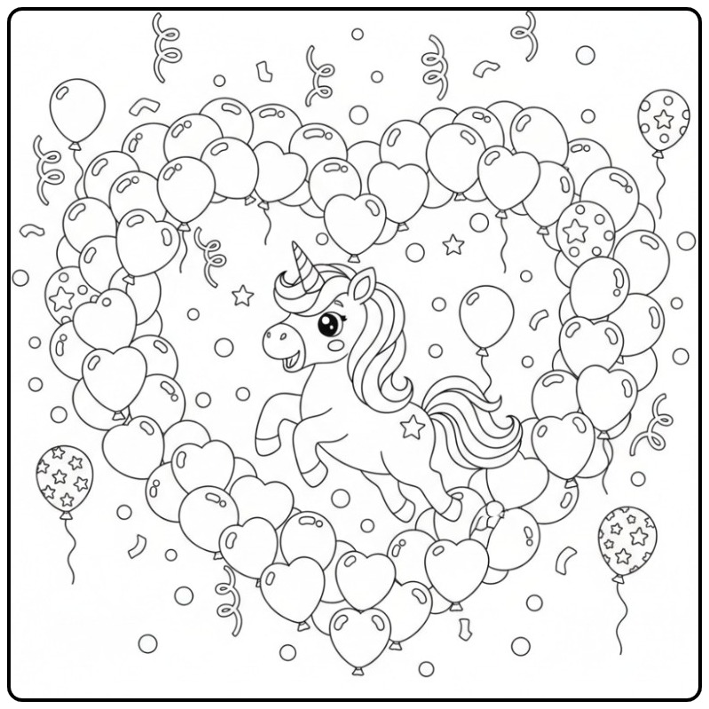 Kleurplaat eenhoorn met hartjes voor een verjaardag: een feest!
