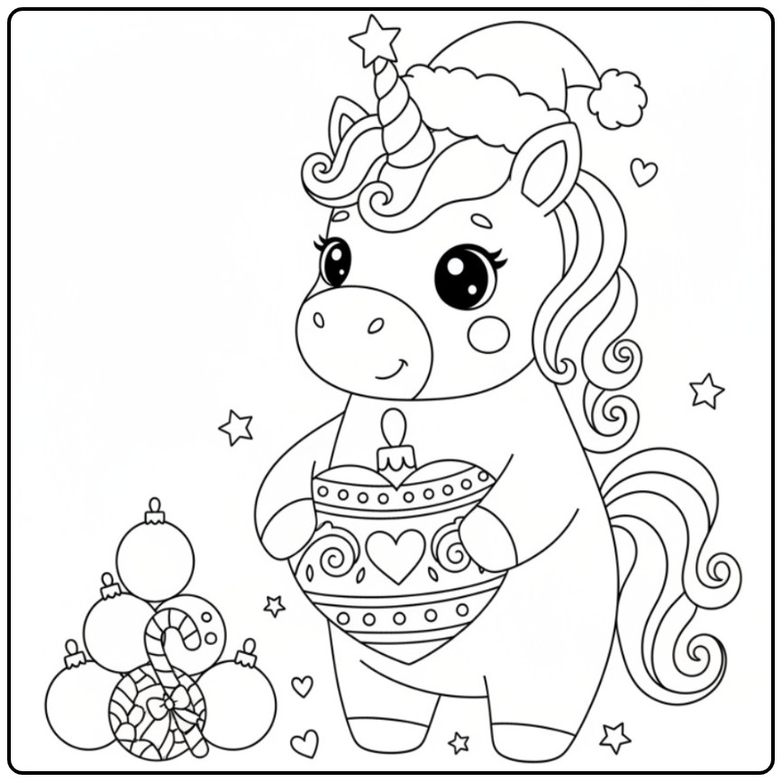 Kleurplaat eenhoorn met hartjes voor Kerstmis, draagt kerstmuts en bal.