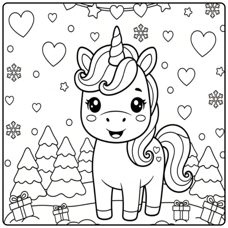 Kleurplaat eenhoorn met hartjes voor Kerstmis, winterse magie