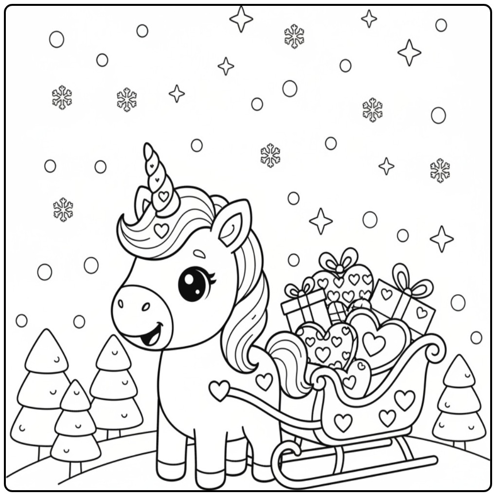 Kleurplaat eenhoorn met hartjes voor Kerstmis, trekt een slee.