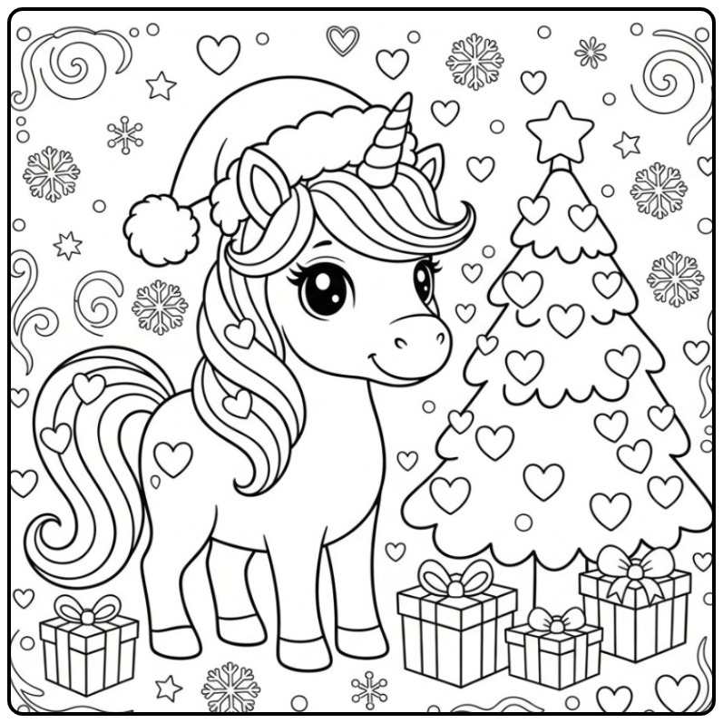 Kleurplaat eenhoorn met hartjes voor Kerstmis bij de kerstboom