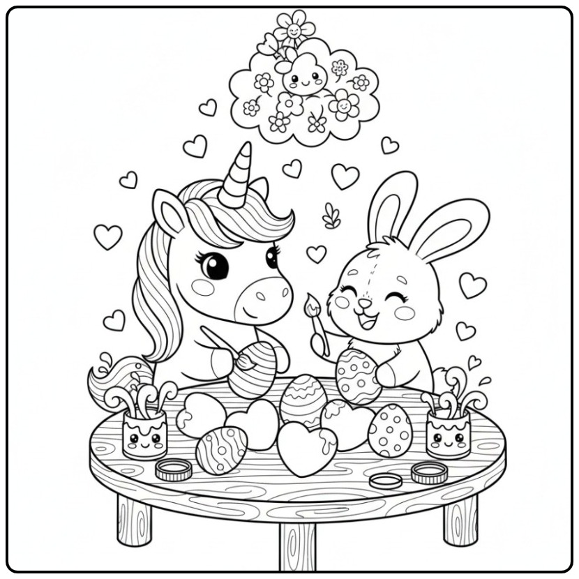 Eenhoorn met hartjes voor Pasen kleurplaat, eieren versieren.