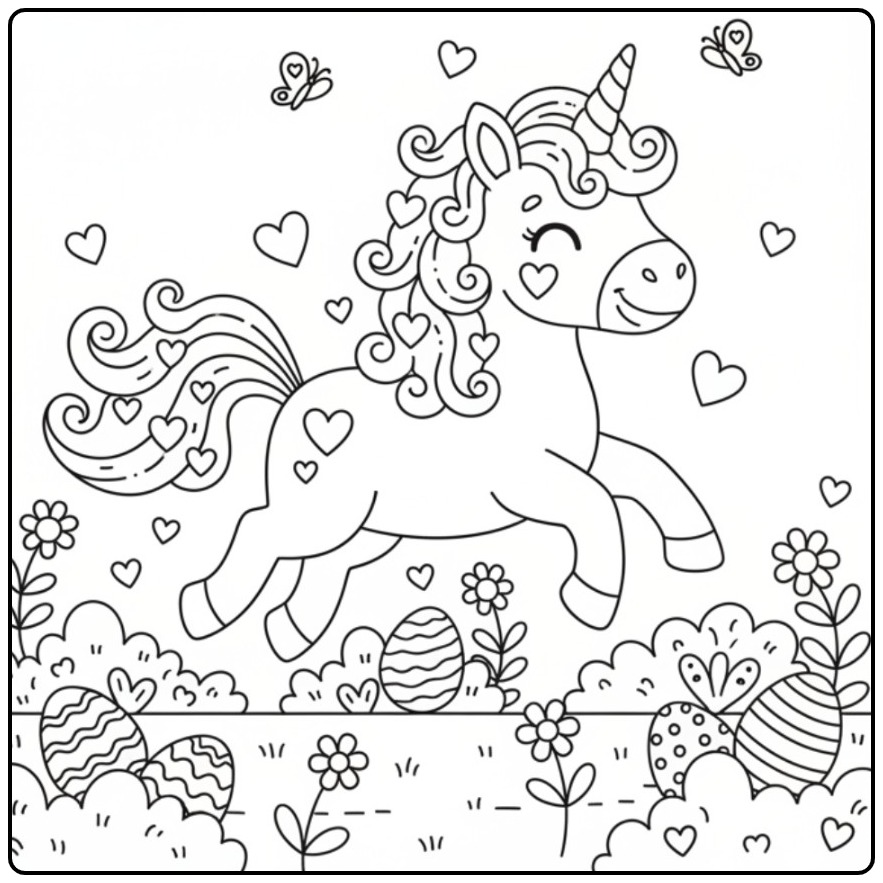 Kleurplaat eenhoorn met hartjes voor Pasen, springt in het gras.