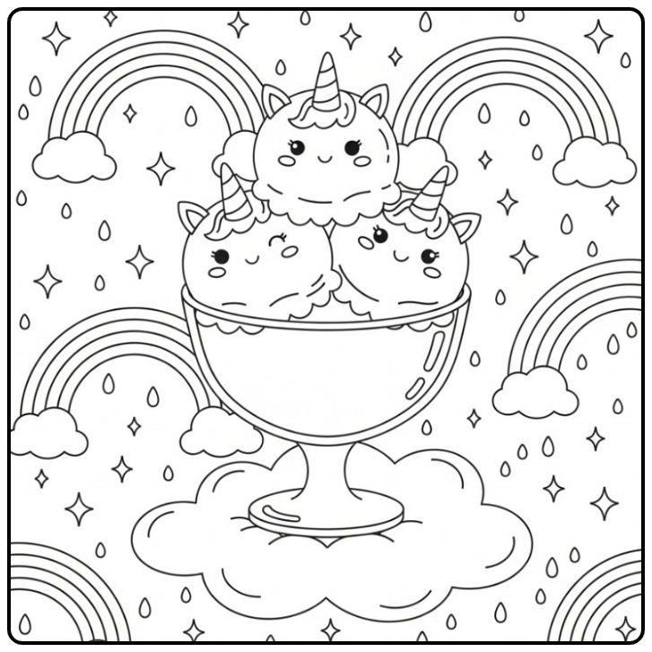 Kleurplaat eenhoorn met ijsje en regenboog vol zoete fantasie en plezier.
