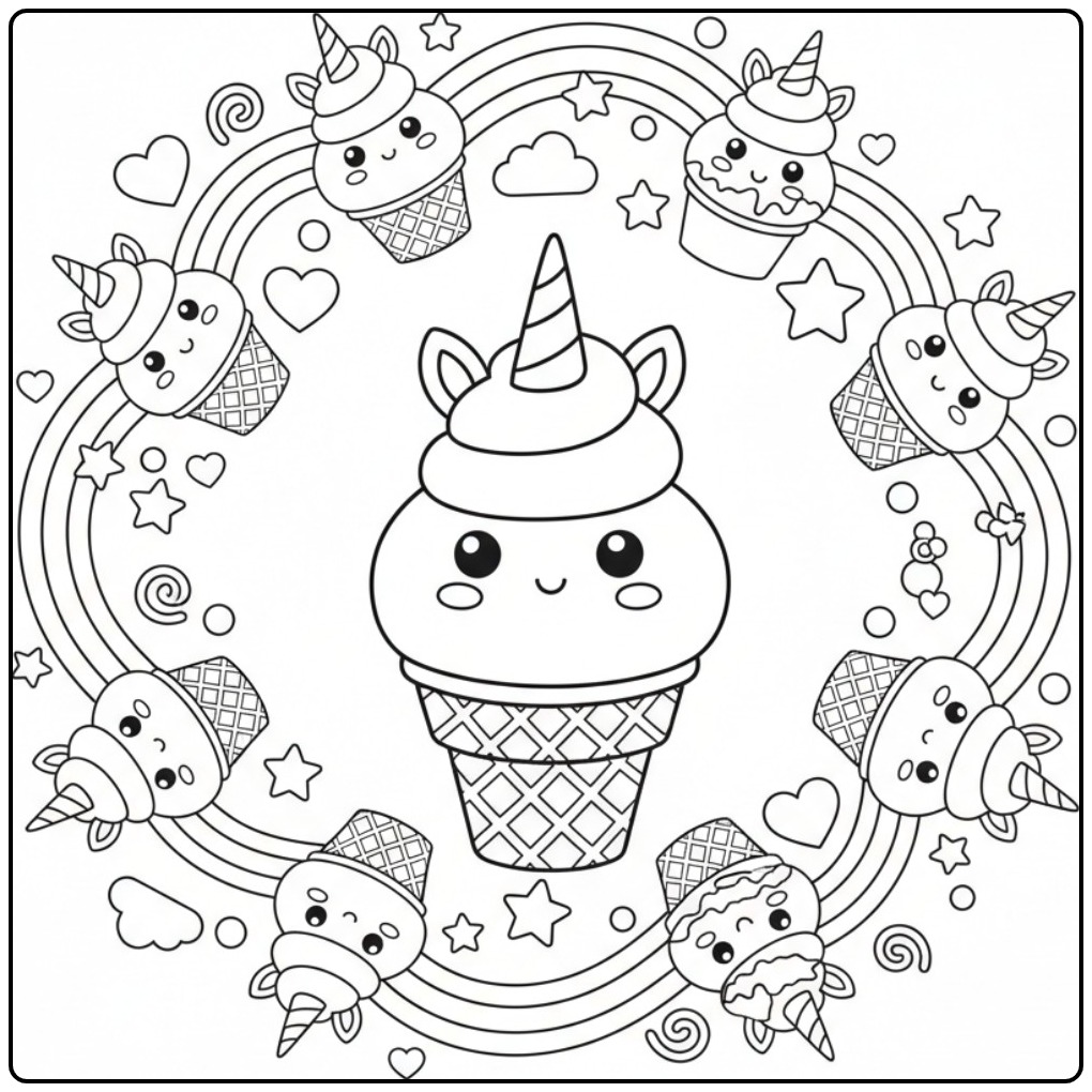 Kleurplaat eenhoorn met ijsje en regenboog, vol lieve eenhoornhoorntjes.