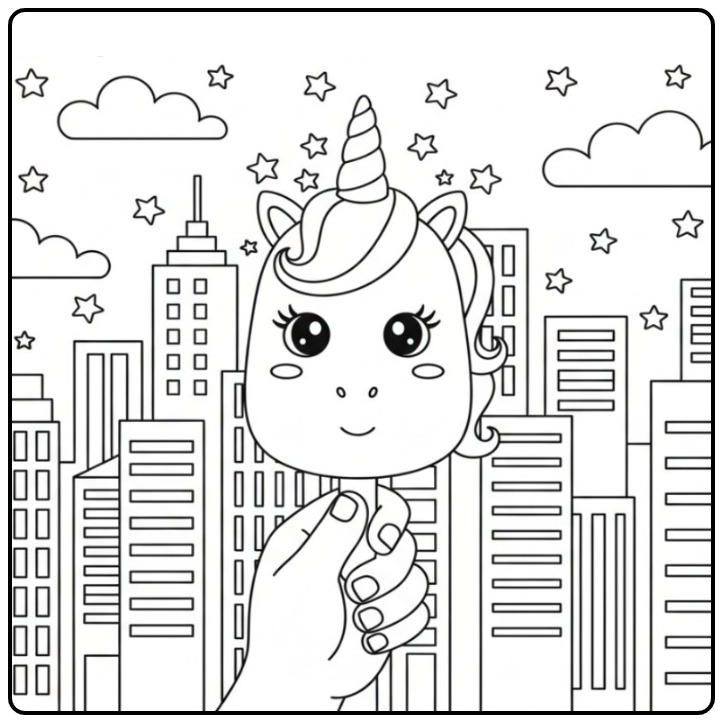 Leuke Kleurplaat eenhoorn met ijslolly in een bruisende stadsscène.