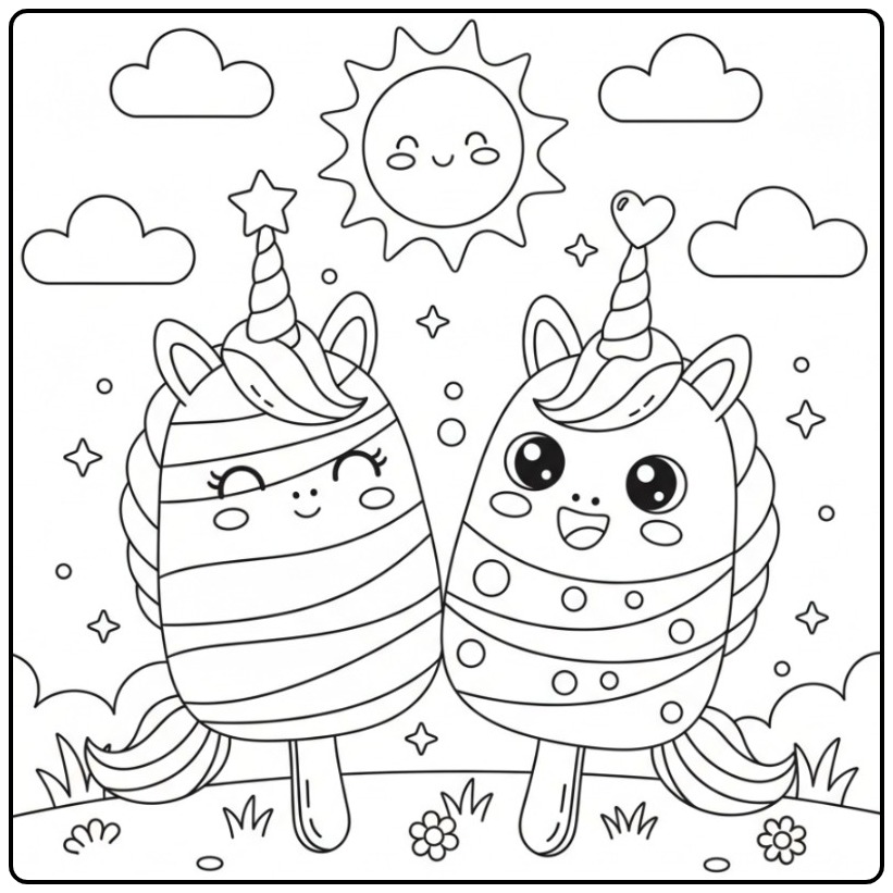 Kleurplaat eenhoorn met ijslolly: twee blije ijsjes onder een lachende zon.