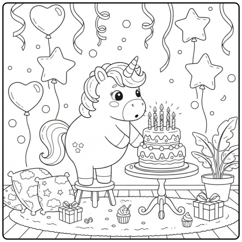 Een Kleurplaat eenhoorn met verjaardagstaart en feestversiering.
