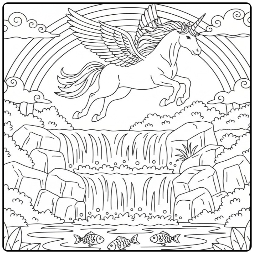 Magische kleurplaat eenhoorn met vleugels en een regenboog.