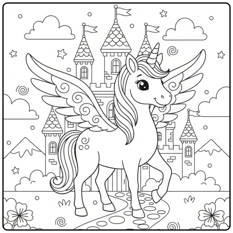 Een lieve Kleurplaat eenhoorn met vleugels en kasteel.