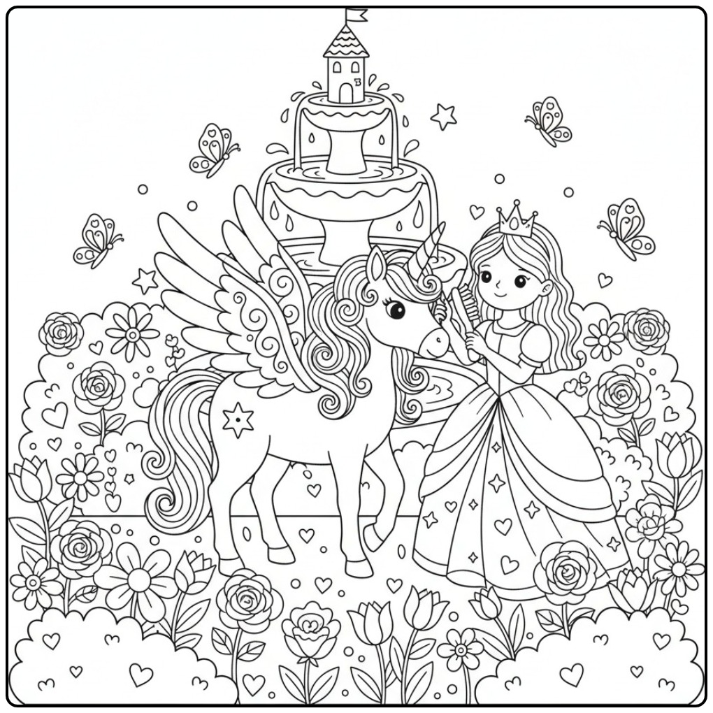 Kleurplaat eenhoorn met vleugels en prinses in een magische tuin.