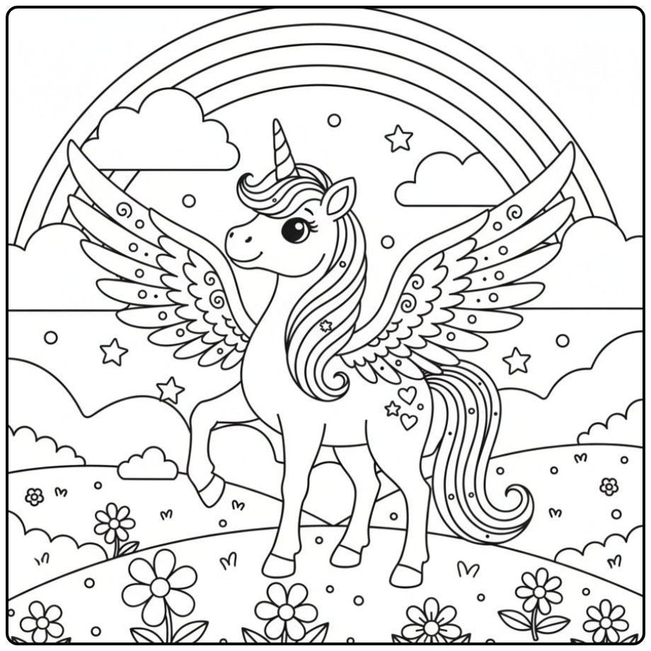 Een lieve Kleurplaat eenhoorn met vleugels en regenboog.