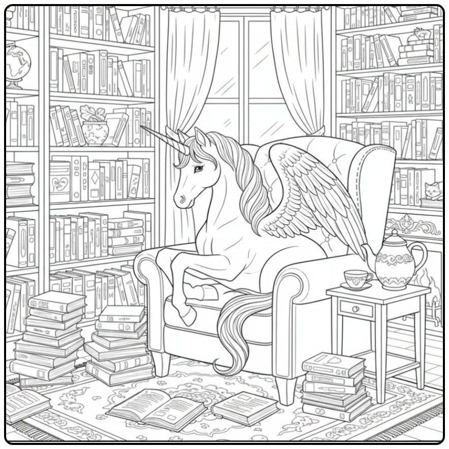 Een magische kleurplaat eenhoorn met vleugels in een stoel.