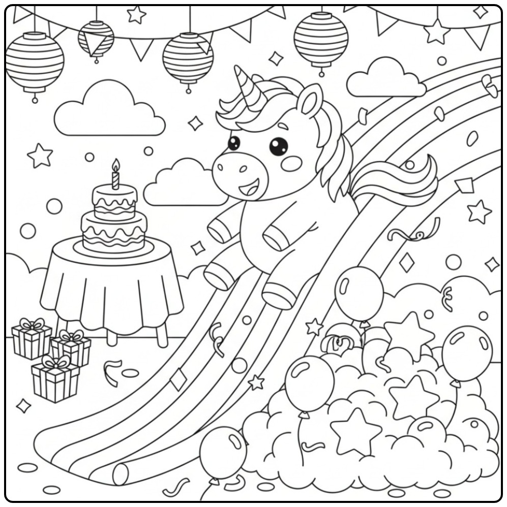 Vrolijke Kleurplaat eenhoorn op een regenboog-verjaardagsfeest.