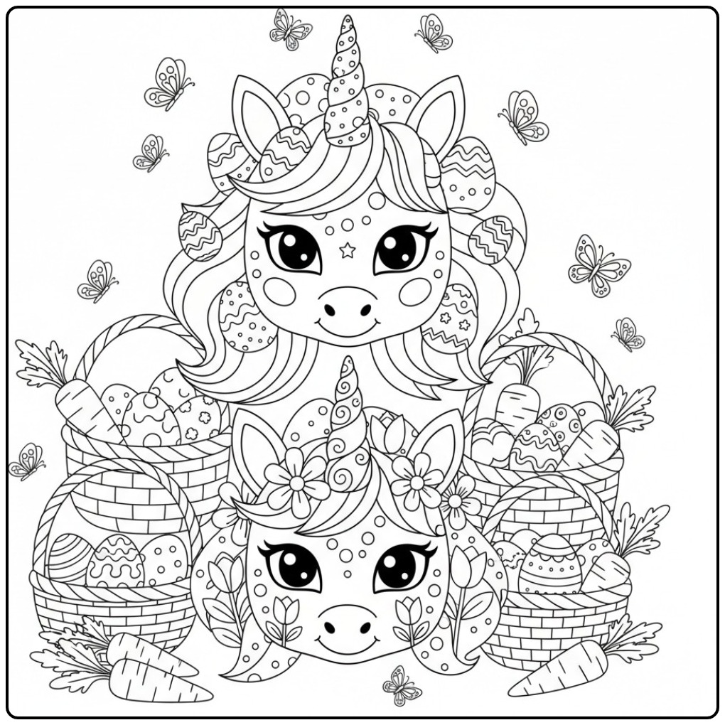 Kleurplaat eenhoorn paas masker met twee eenhoorns, eieren en wortels.