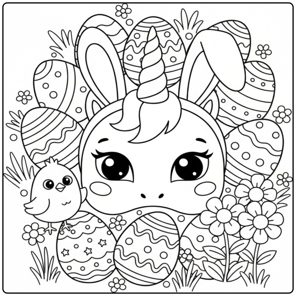 Kleurplaat eenhoorn paas masker: schattig ontwerp met eieren en kuiken.